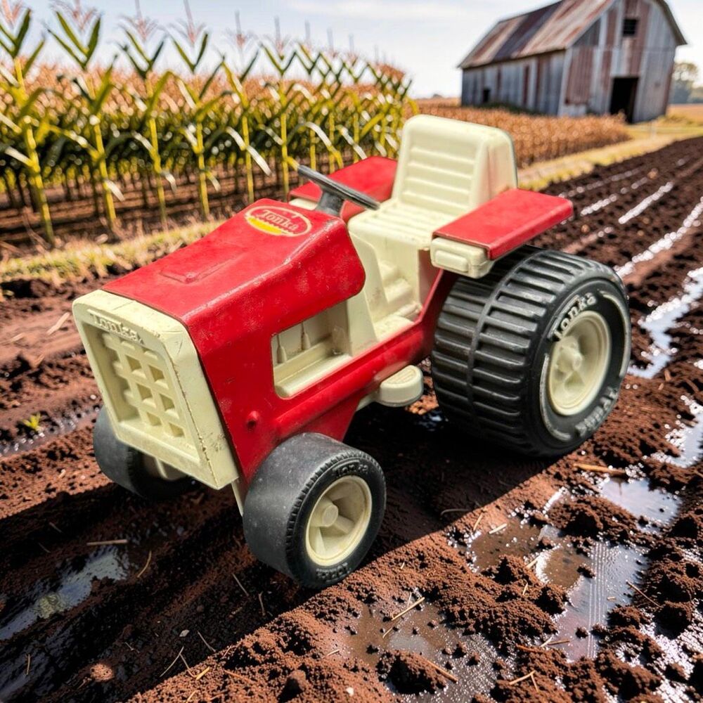 1970s Vintage Tonka Toy Red Tractor Mini Pressed Steel Plastic Toy 4” A61